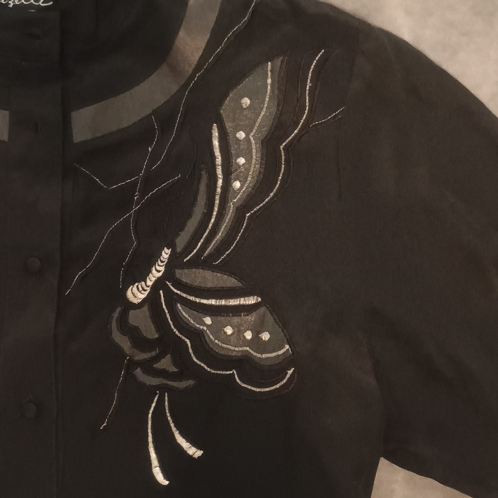 Vintage Black Silk Western Blouse - Sz 4 - Suzelle - 80s Embroidered Butterfly